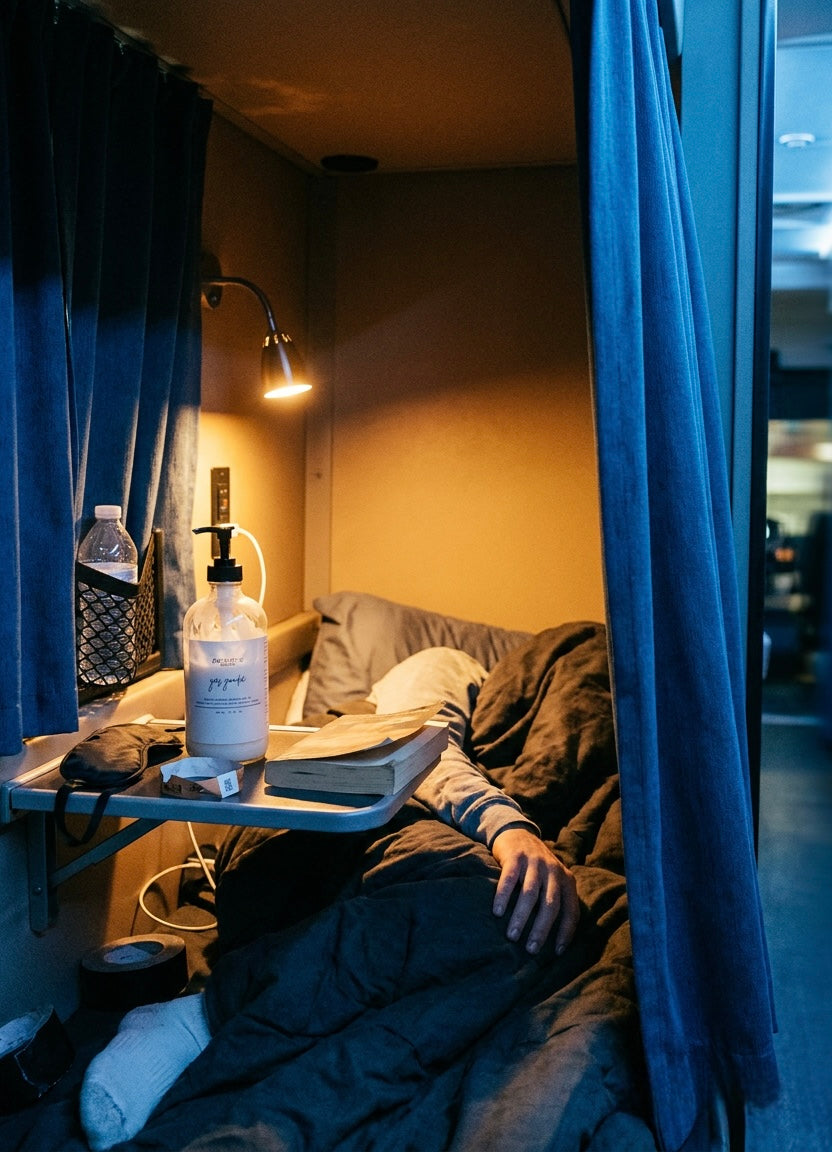 yes goodie on a bus bunk shelf beside a book and a sleeping crew member