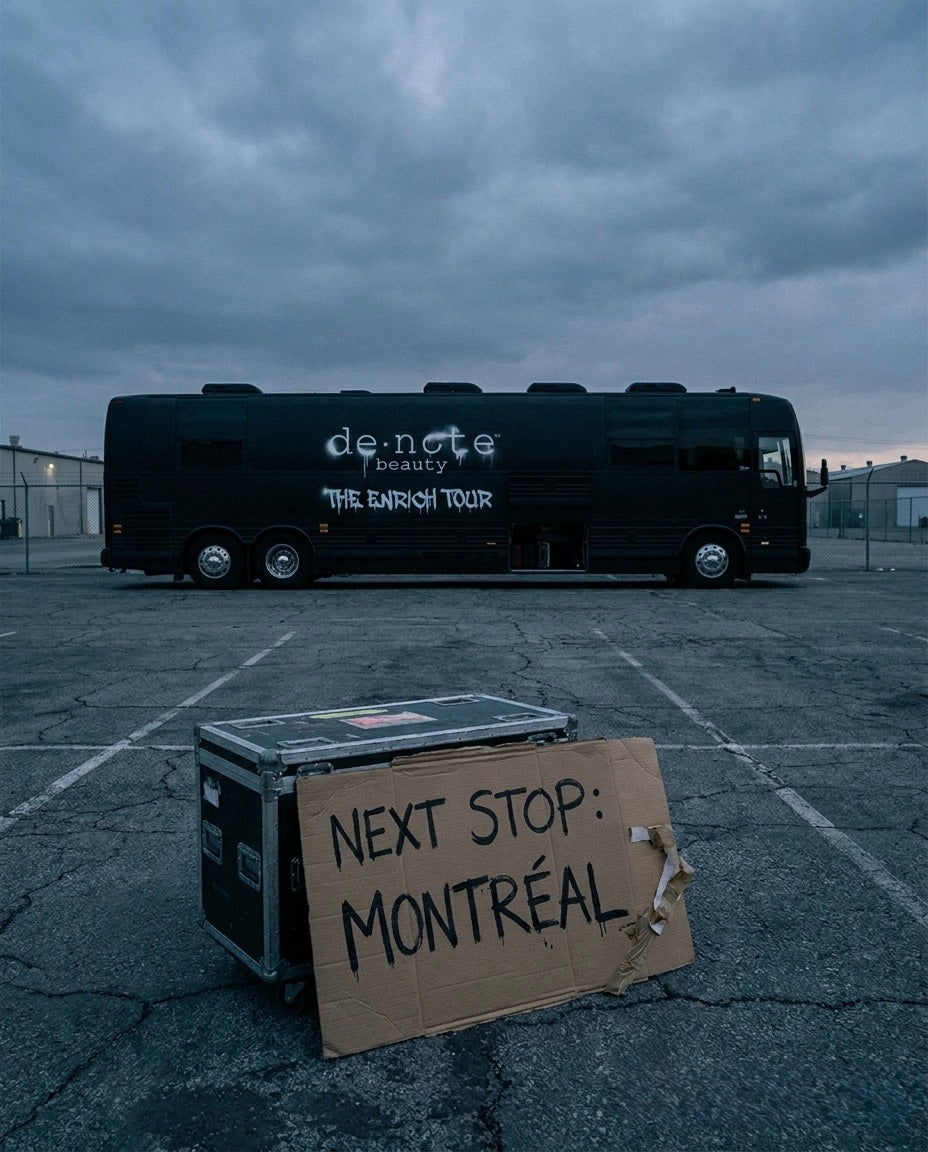 The tour bus behind a cardboard sign reading NEXT STOP: MONTREAL